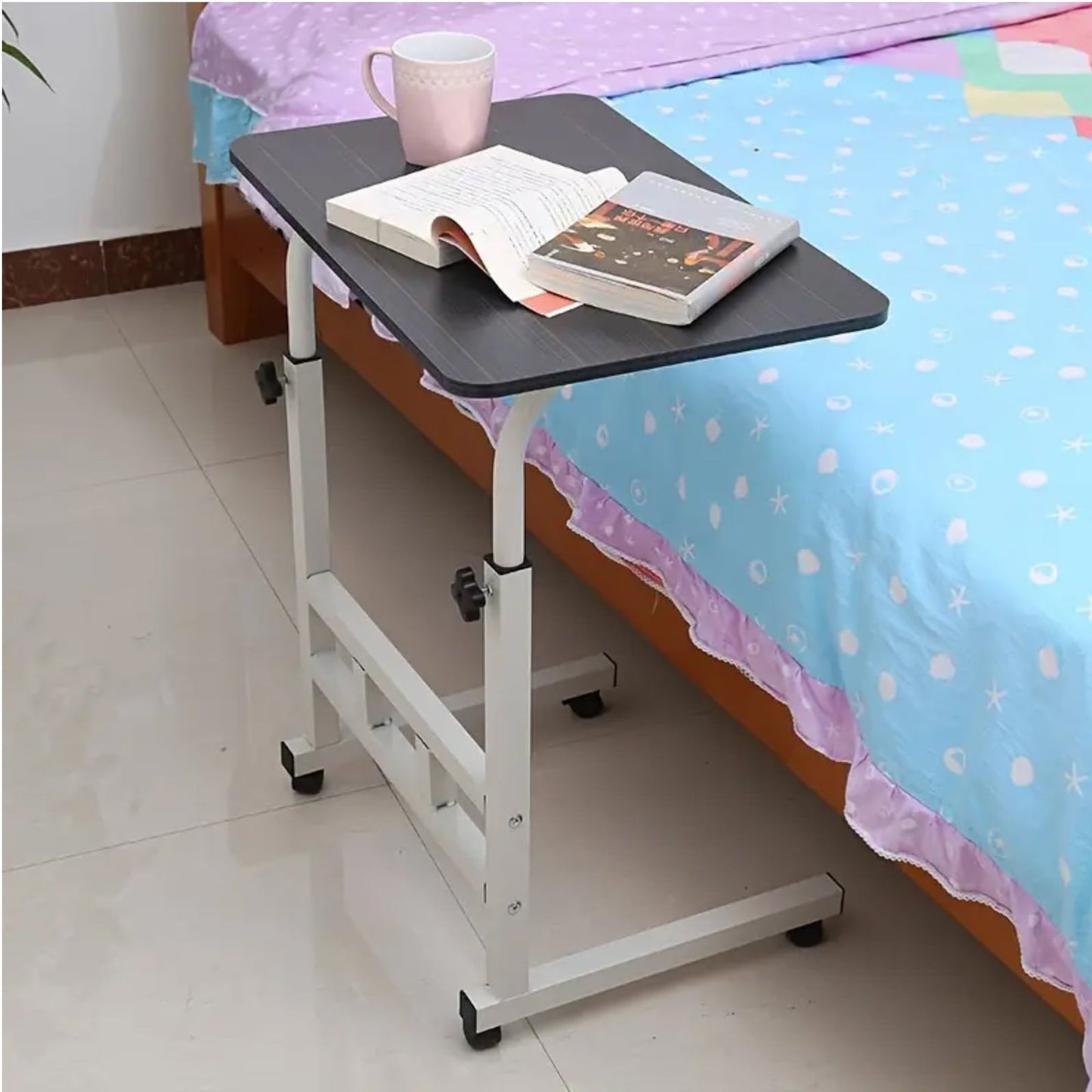 C-Shaped End Table with Wheels,Adjustable Height,Compact Rolling Side Table for Small Spaces,  Multi-Functional Sofa/Laptop/Bedside Table, Mobile Convenience Table, Modern Aesthetic, Sturdy Construc
