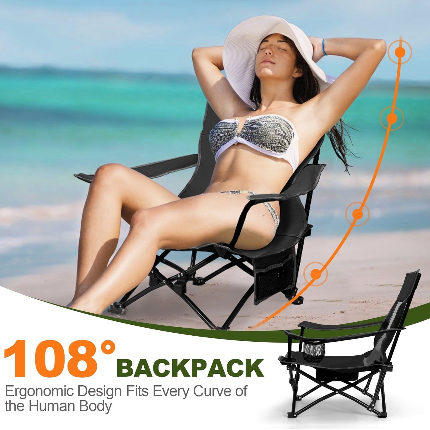 Joyfair Folding Backpack Beach Chair, Black Compact Lightweight Camping Chair with Carry Bag Cup Holder, Small Outdoor Reclining Low-Profile Travel Chair for Adult, Heavy-Duty