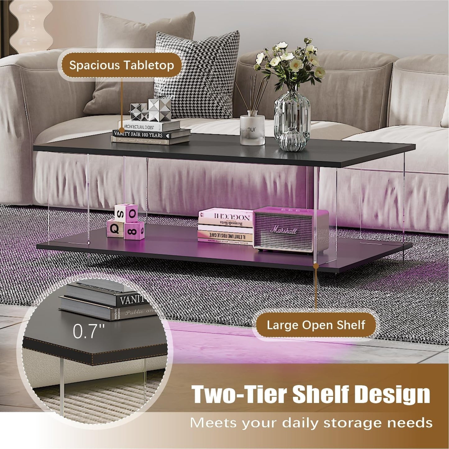 Hironpal 43" Acrylic Coffee Table with Black Wood Top, Minimalist Stylish Modern Rectangular Center Tables for Living Room, Led Living Room Table with Storage Shelf & Acrylic Frame for Small Space