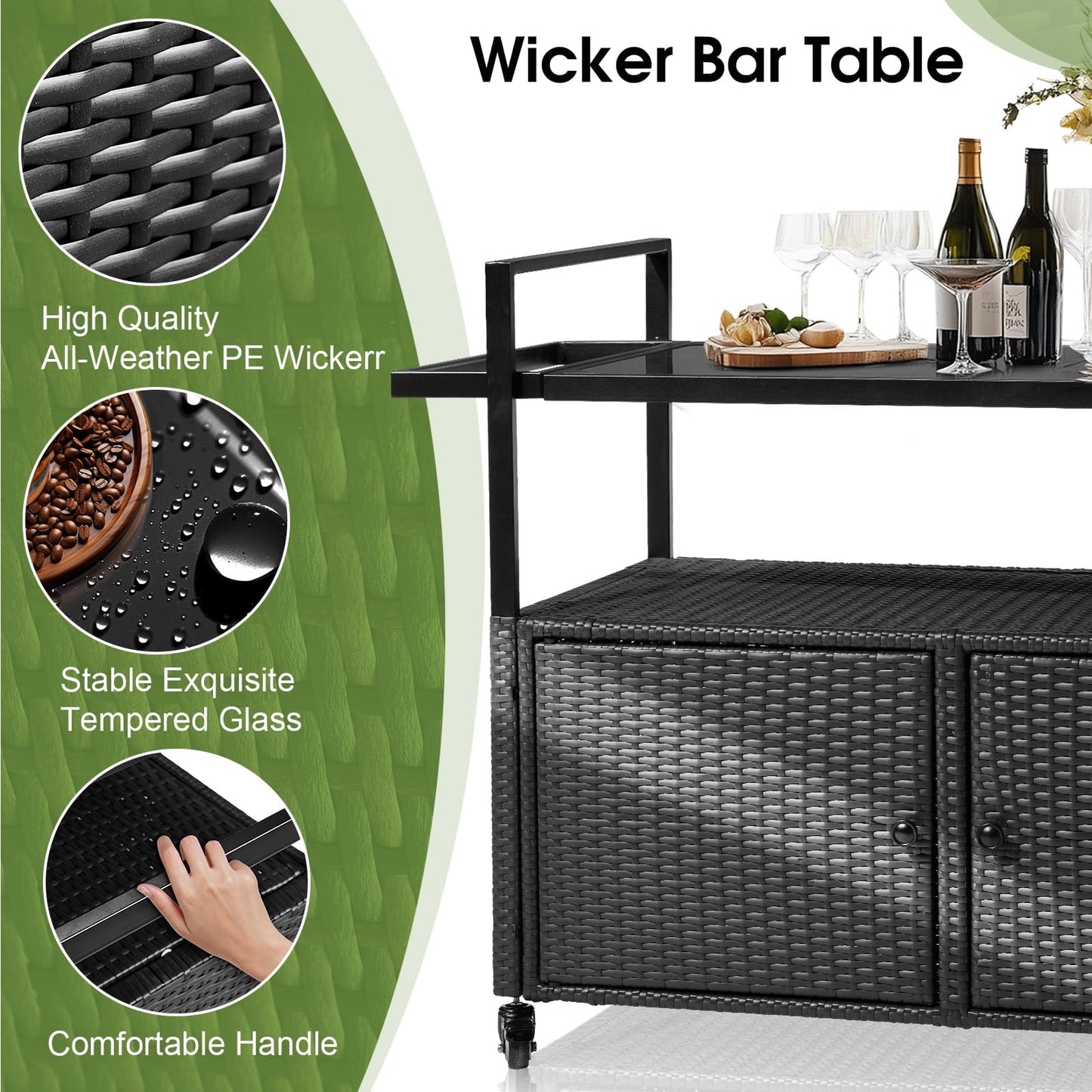 HiiKaa Large Outdoor Kitchen Wicker Island,Rolling Cart & Patio Bar Table with Wheels and Black Glass Table Top for Backyard,Poolside,Black