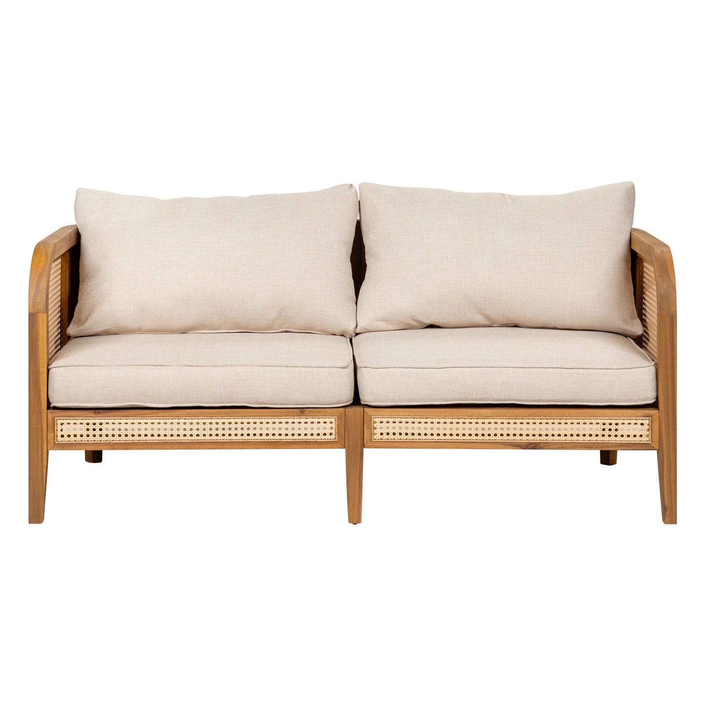 Christopher Knight Home Outdoor Wicker Sofa, Acacia Wood Frame with Cushions, Boho Patio Loveseat, Teak + Beige
