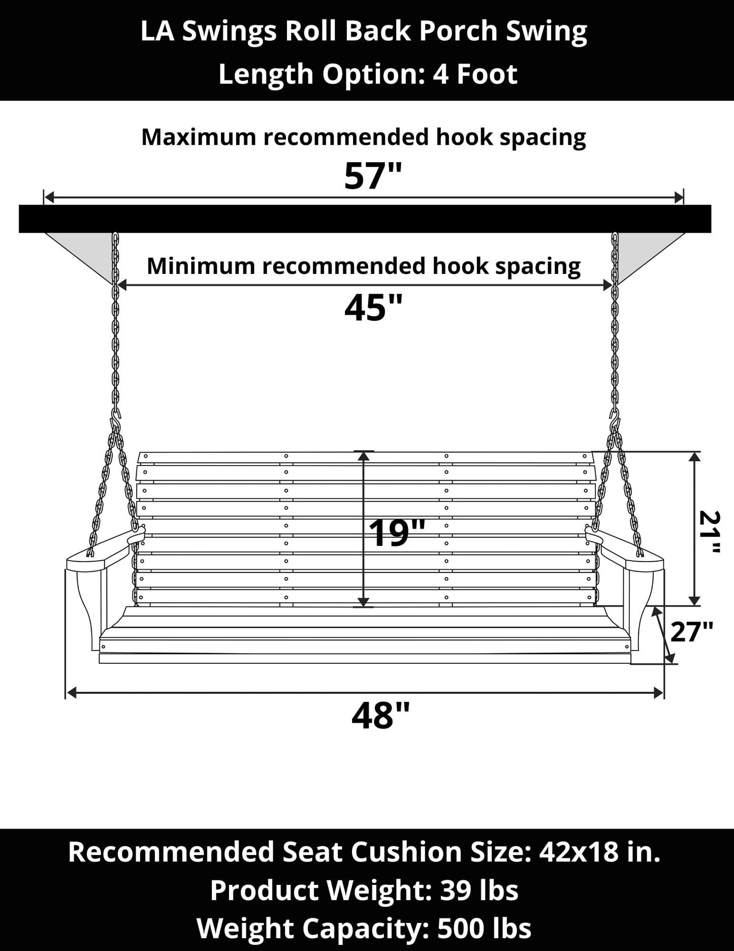 LA Swings Cypress Roll Back Porch Swing, 5 Foot, Unfinished