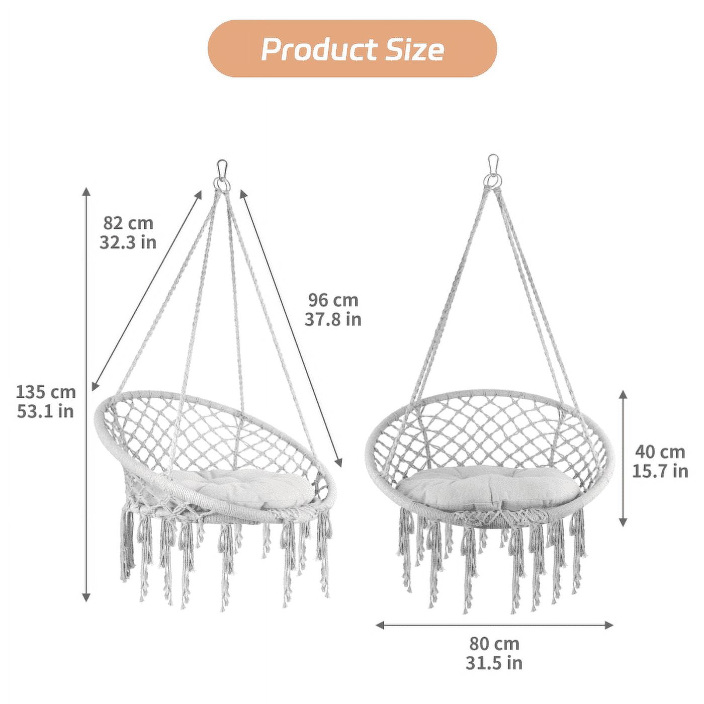 Gray Hanging Chair, Gentle Support Cushion, Breathable Seat, Rust-Resistant Steel, Lightweight 11.7 lbs, Hanging Cotton Rope Chair, Kids Room, Bedroom, Courtyard, Lawn