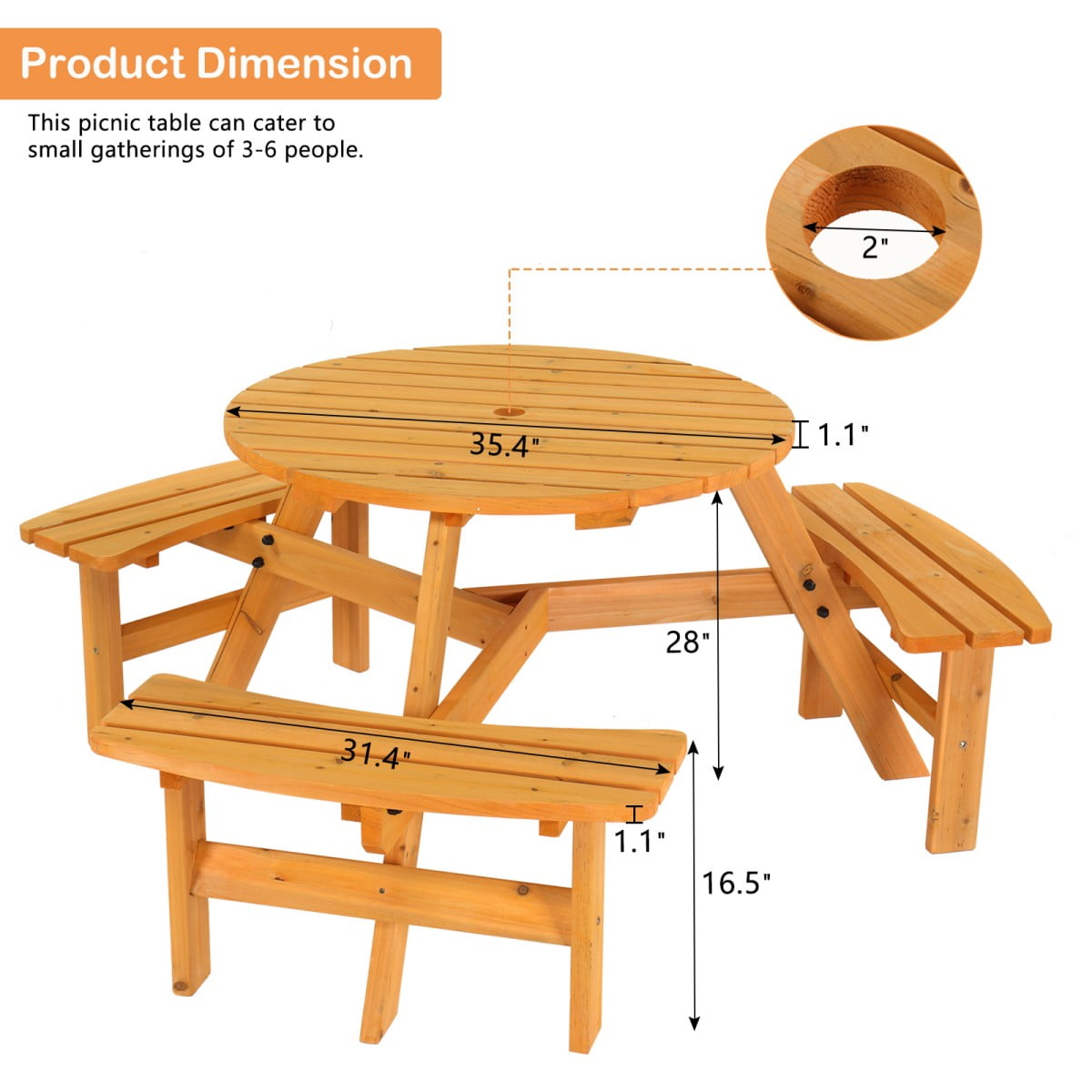 IVV 6-Person Round Wooden Picnic Table with 3 Built-In Benches, Outdoor Patio Dining Table with 2" Umbrella Hole, Fir Wood Picnic Table for Garden, Backyard, Park (Natural)