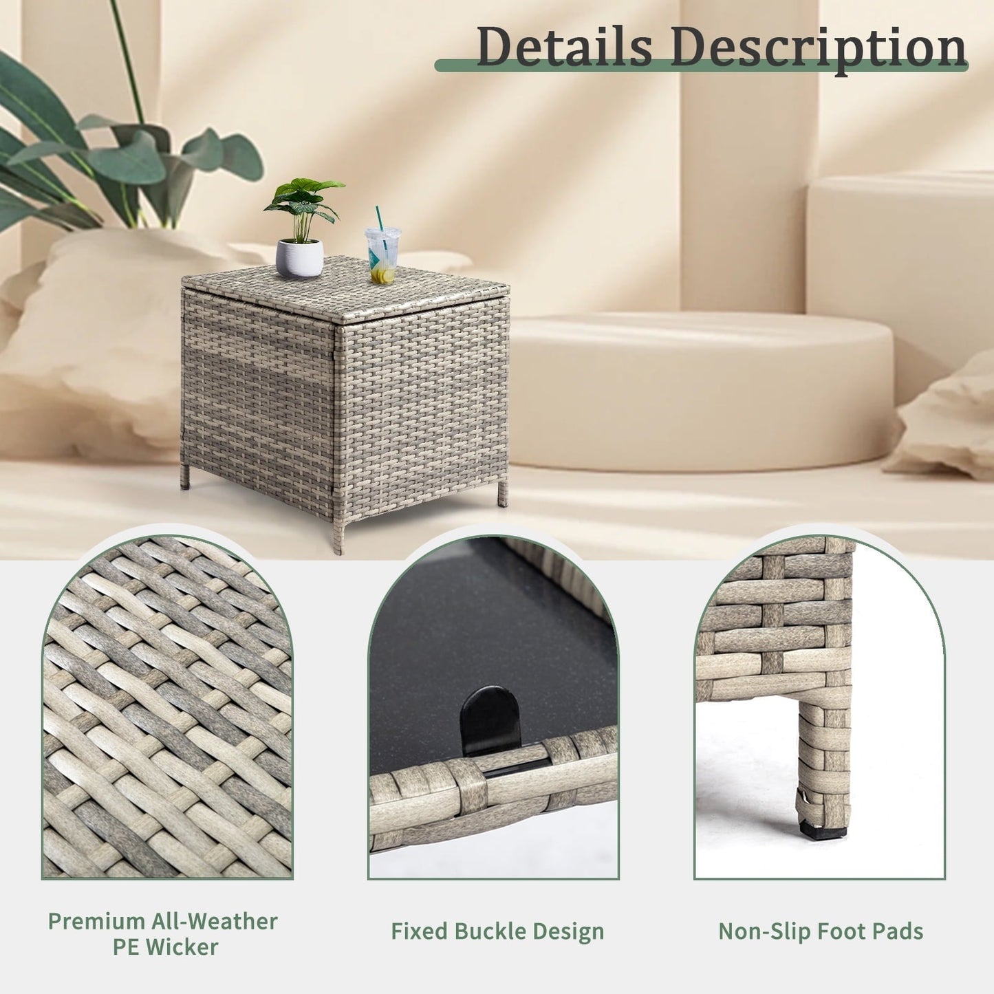 Ktaxon Wicker Side Table with Storage, 27 Galllon Square Ratten Storage Side Box Container for Furniture Covers, Toys and Gardening Tools, Gray