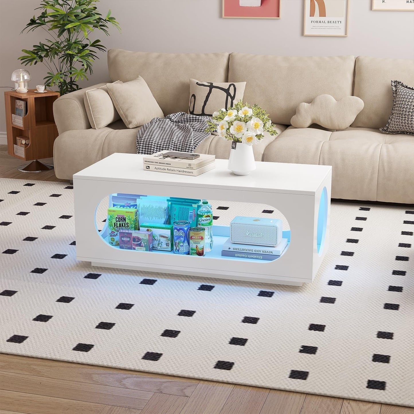 Hironpal 43" White Led Coffee Table for Living Room, Modern Living Room Table Rectangular Contemporary Center Table with Storage, Wooden Coffee Tables with LED Lights for Dining Reception Room