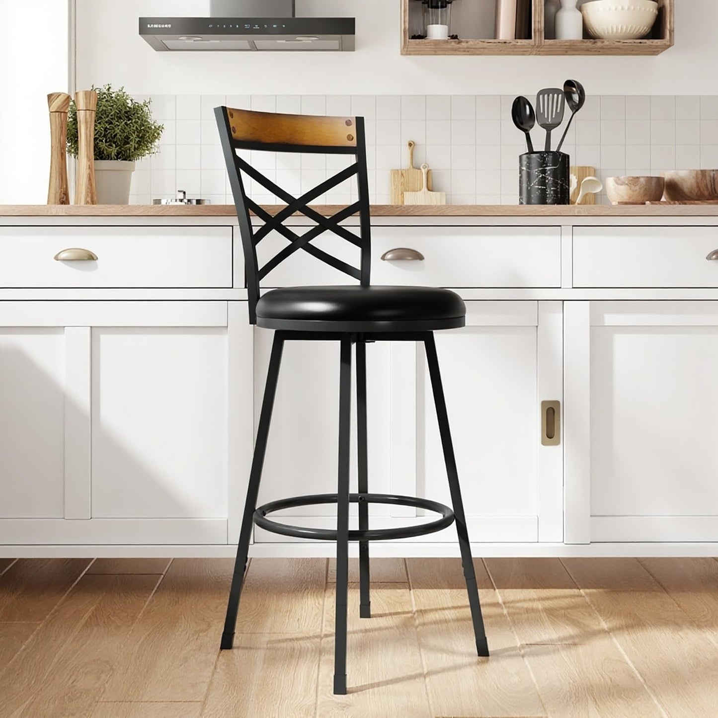 BOSHIRO Swivel Bar Stools Set of 2, 24–29” Adjustable Height Leather Kitchen Counter Chairs, 360° Rotation, Antique Bronze Frame, Black