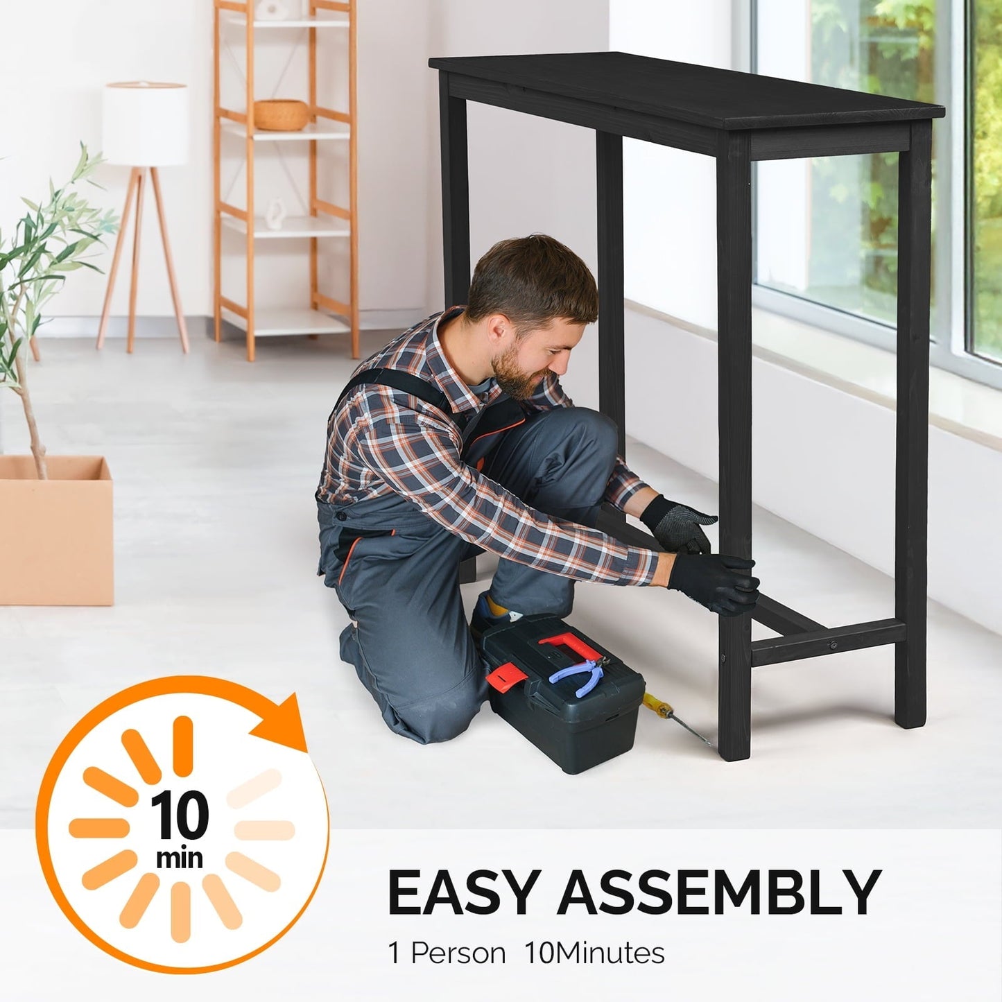 Ktaxon 45" Outdoor Bar Table, Wood Rectangle Narrow Counter Height Table, Weather Resistant Pub Table for Balcony Patio Garden Yard Poolside, Black