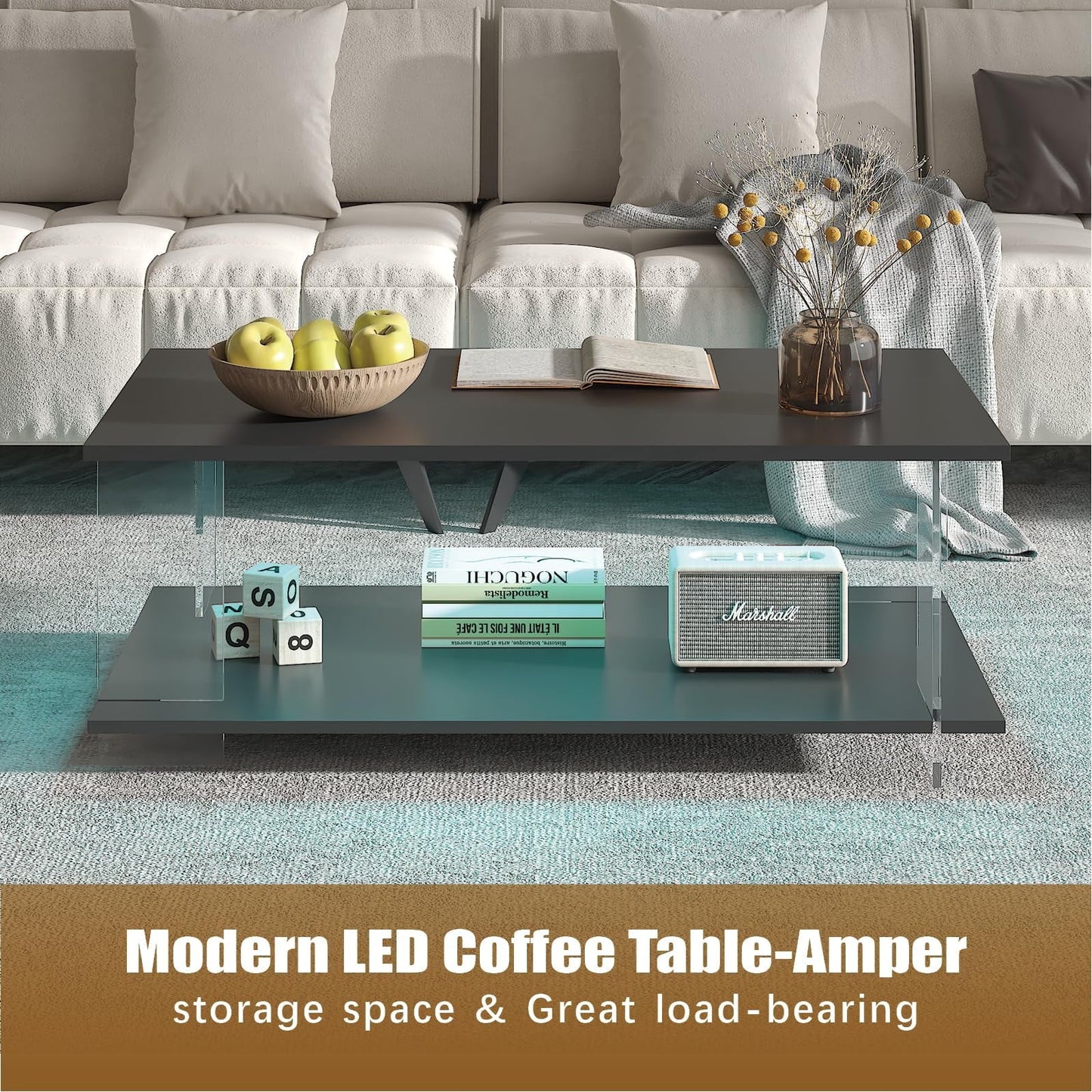 Hironpal 43" Acrylic Coffee Table with Black Wood Top, Minimalist Stylish Modern Rectangular Center Tables for Living Room, Led Living Room Table with Storage Shelf & Acrylic Frame for Small Space