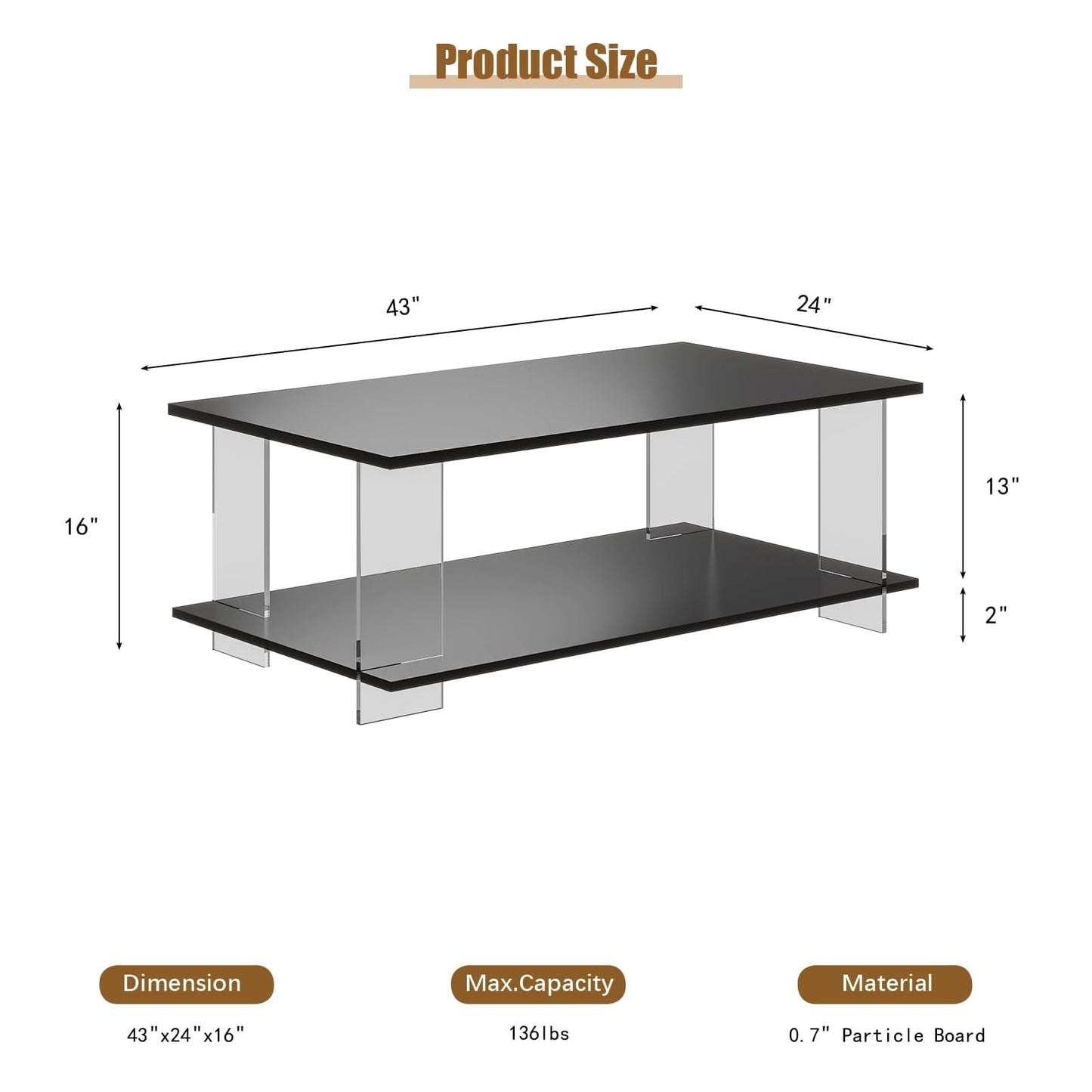 Hironpal 43" Acrylic Coffee Table with Black Wood Top, Minimalist Stylish Modern Rectangular Center Tables for Living Room, Led Living Room Table with Storage Shelf & Acrylic Frame for Small Space