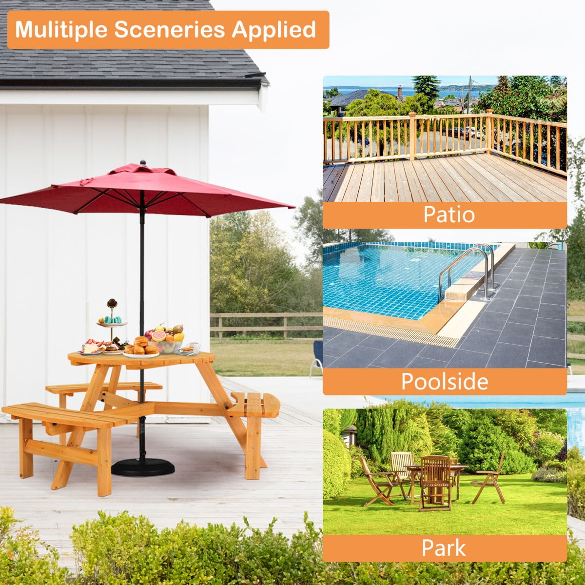 IVV 6-Person Round Wooden Picnic Table with 3 Built-In Benches, Outdoor Patio Dining Table with 2" Umbrella Hole, Fir Wood Picnic Table for Garden, Backyard, Park (Natural)