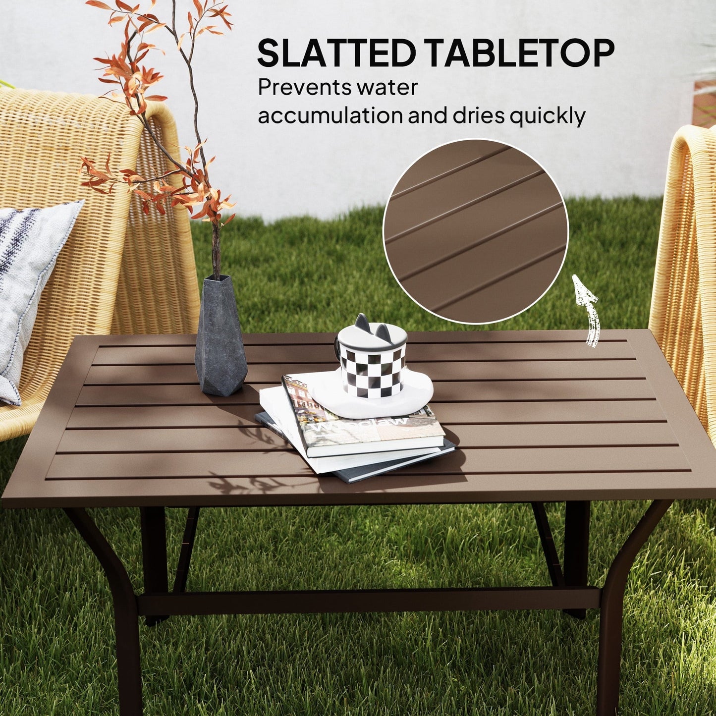 LEIYY Outdoor Coffee Table, All-Weather Rectangle Metal Patio Coffee Table with Slatted Tabletop for Outside, Patio, Garden, Balcony, Backyard,Brown
