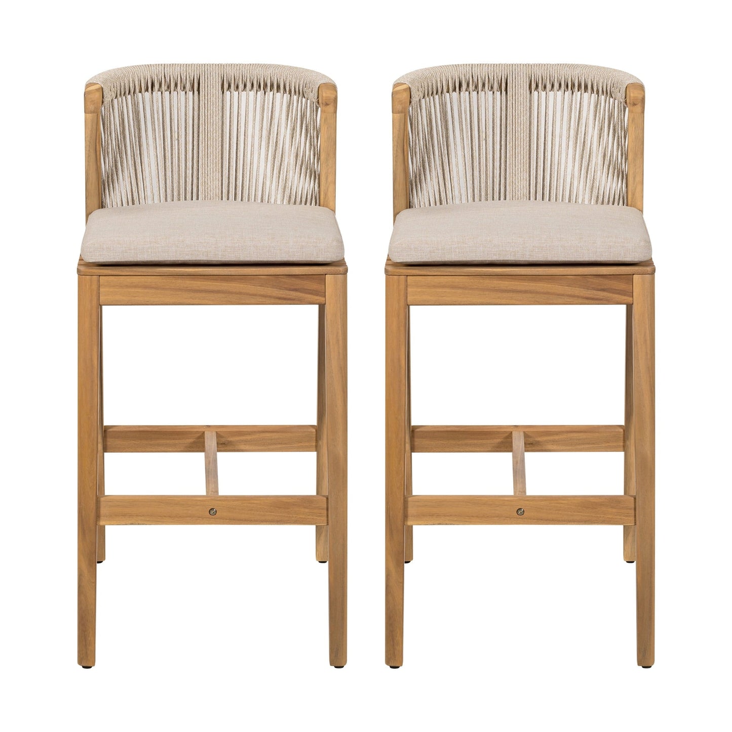 Christopher Knight Home 28" Outdoor Wood Bar Stool with Woven Rope Backrest and Removable Cushion, Beige