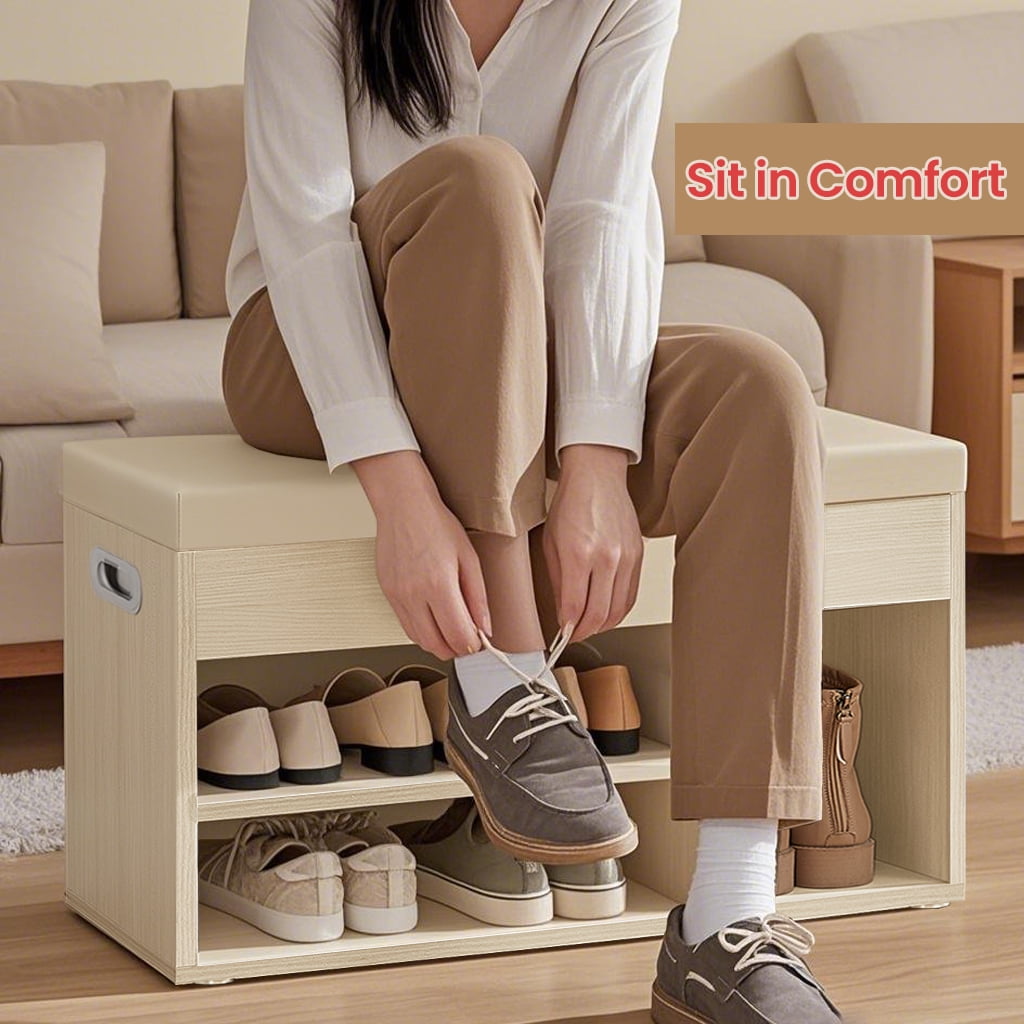 LEDREM Shoe Storage Bench with Cushion, Shoe Organizer with Compartment Open Shelf, Beige
