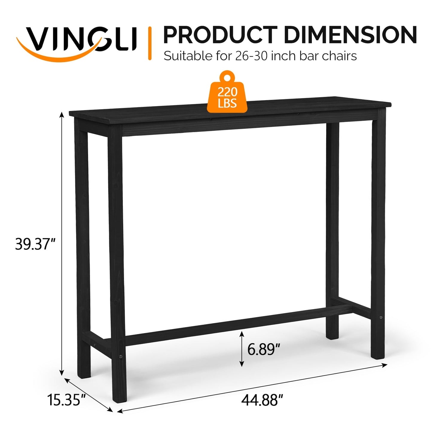 Ktaxon 45" Outdoor Bar Table, Wood Rectangle Narrow Counter Height Table, Weather Resistant Pub Table for Balcony Patio Garden Yard Poolside, Black