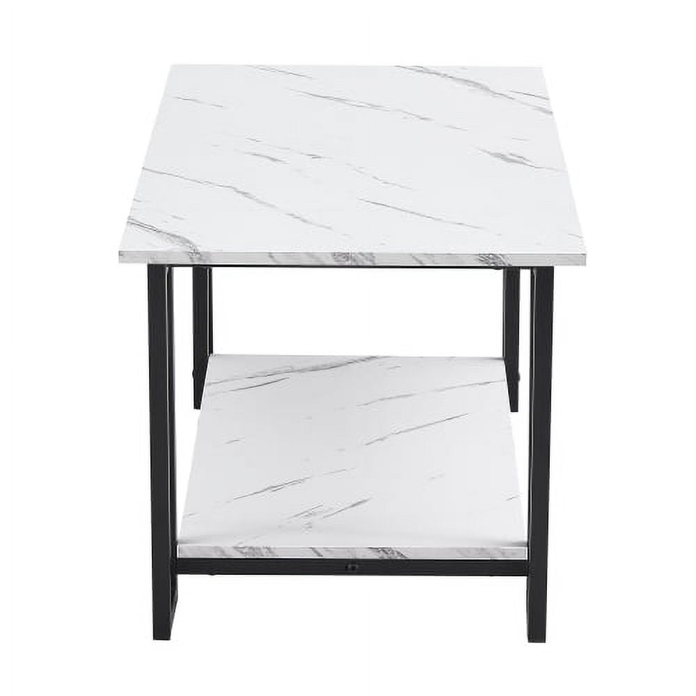 Coffee Table, 2 Layers 1.5Cm Thick Marble Mdf Rectangle 39.37" L Tabletop Iron Coffee Table , Dining Room, Coffee Shop, Resterant, White Top, Black Leg