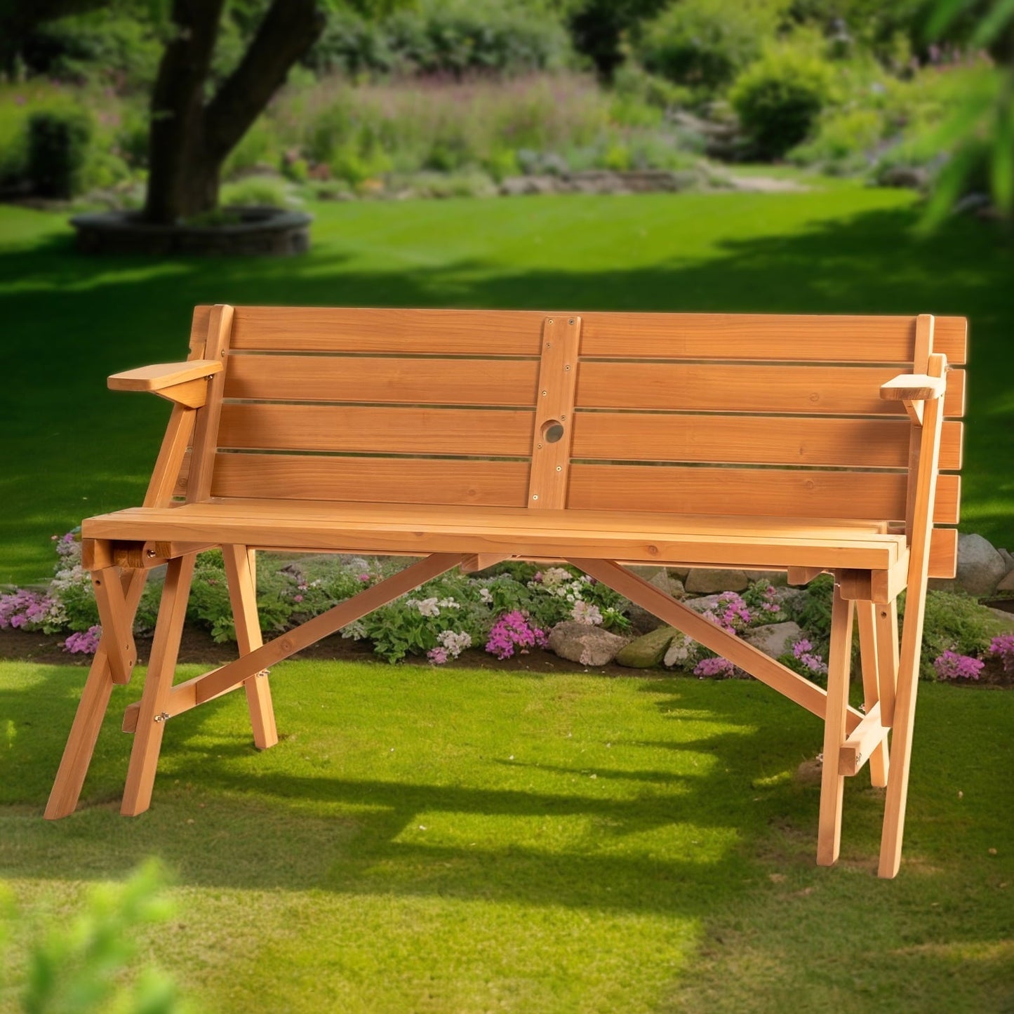 Ktaxon 2-in-1 Outdoor Interchangeable Wooden Picnic Table Set, Transforming Bench w/Umbrella Hole, Convertible Patio Bench for Backyard Porch Deck, Teak