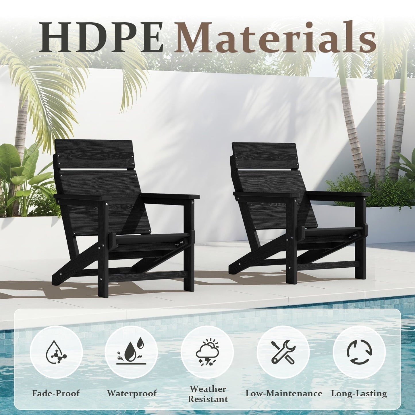 JUSTLET HDPE Adirondack Outdoor Chair, One - Piece Backrest Lawn Chair - Ideal for Poolside, Garden, Patio & Balcony, Black