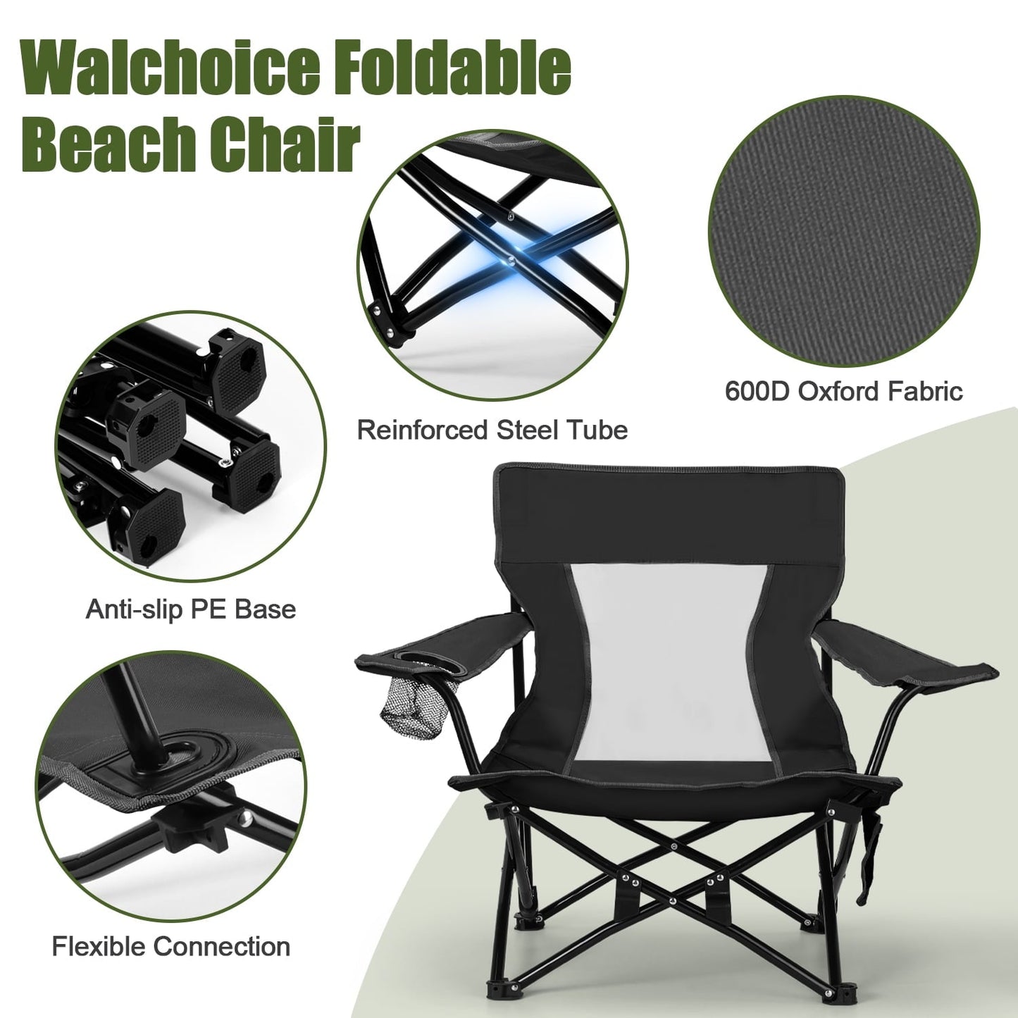 Hasteel Folding Beach Chair for Adults, Low Seat Camping Chair with High Back, Wide Seat Chair with Cup Holder & Carry Bag, Heavy Duty Portable Chair for Outdoor Picnic Travel - Black