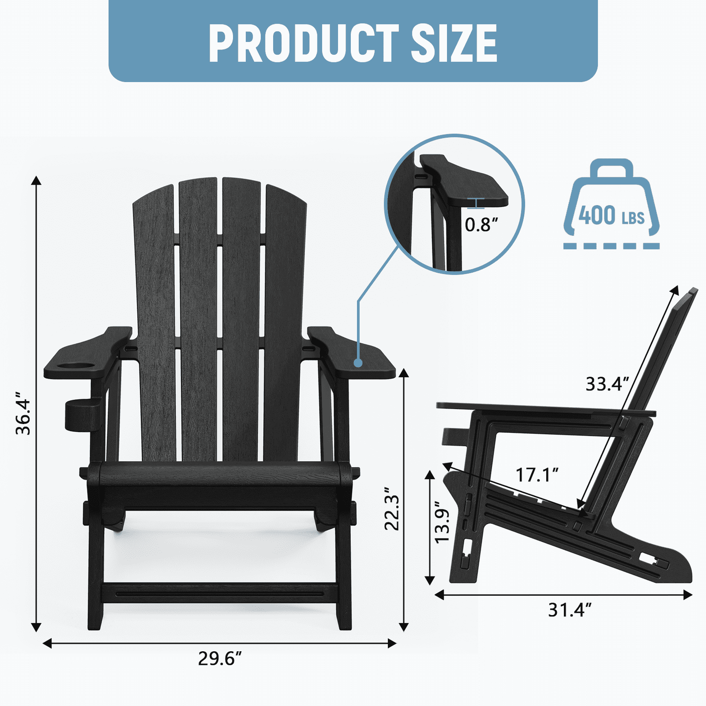 Chiccushion Adirondack Chair with Cup Holder, HDPE All-Weather Patio Chairs for Poolside, Backyard, Deck, Fire Pit, Black