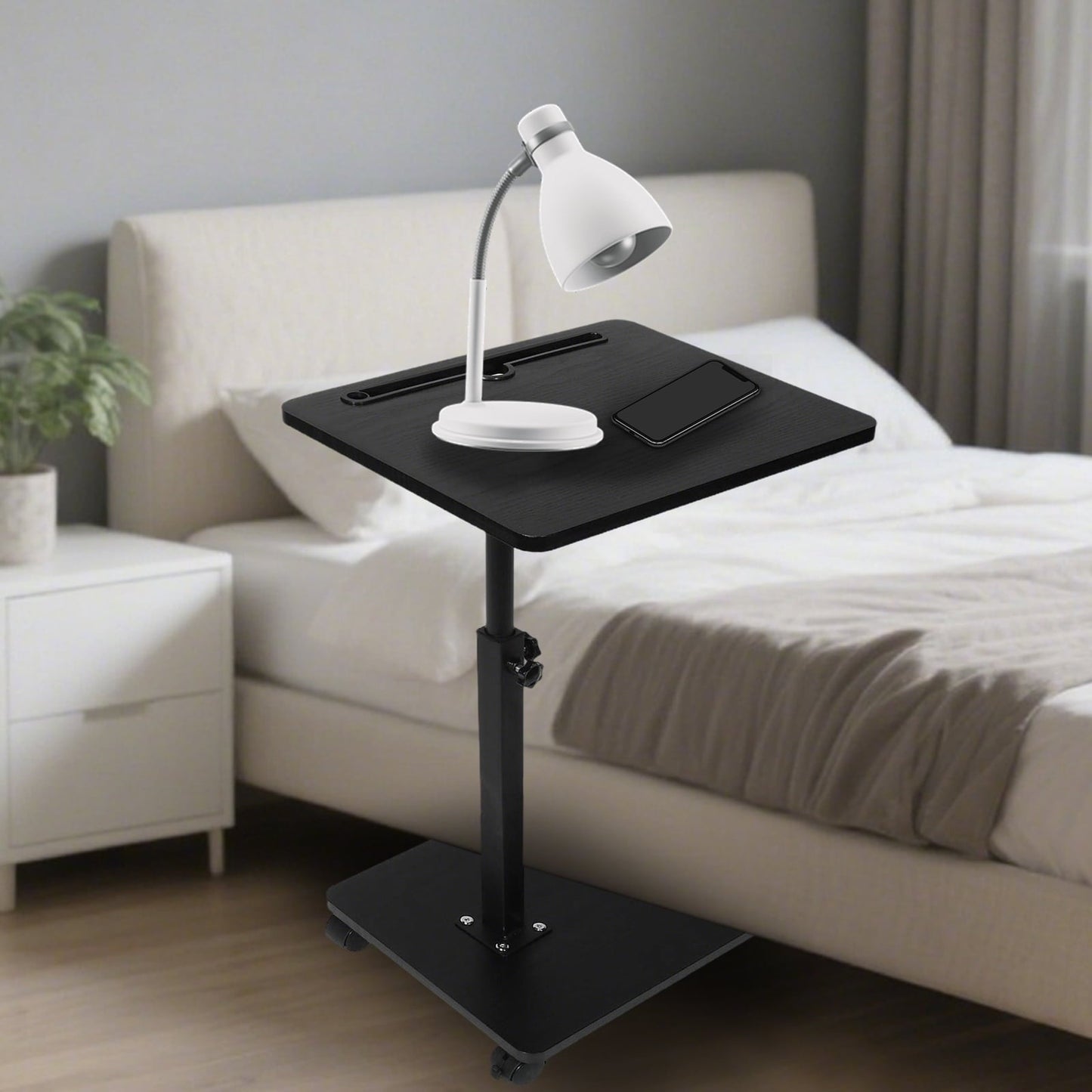 KFeng C-Shape Swivel End Table - Height Adjustable for Couch/Bed/Chair  (Black,Wheel)