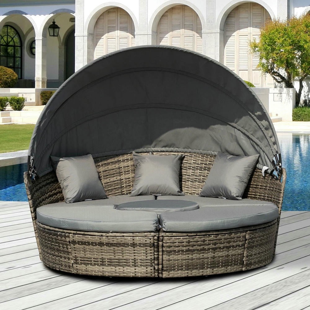 Barara King Patio Sofa Bed Set,Daybed Set,4-Piece Round Convertible Daybed, Outdoor PE Rattan Patio Wicker Sofa Set with 2 Chairs, Table, 3 Pillows, Gray