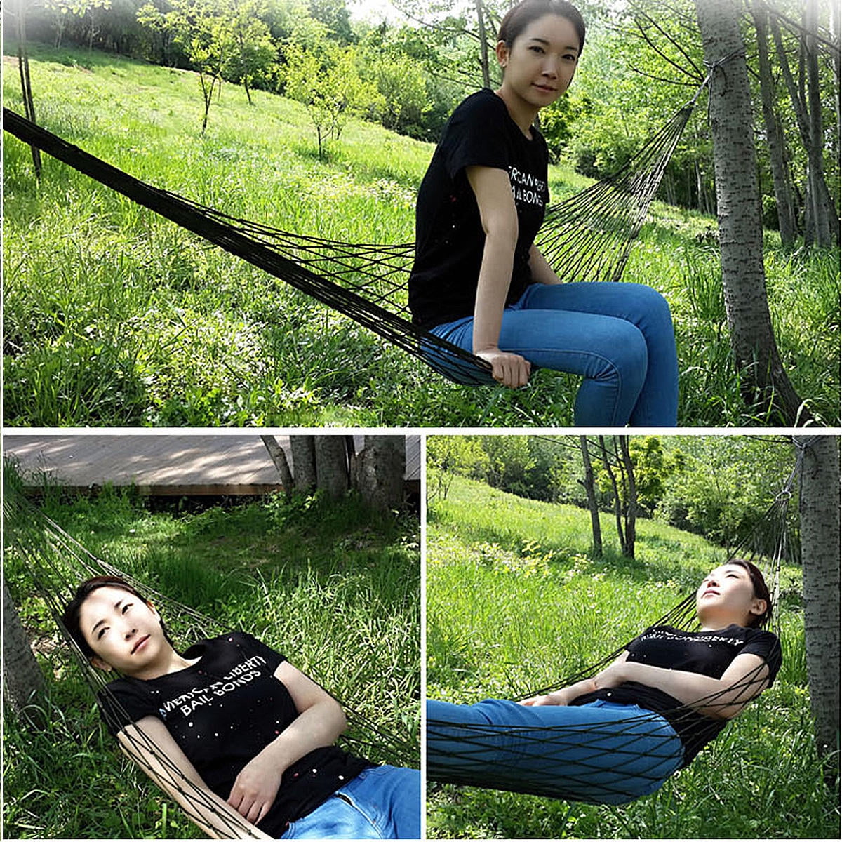 KALLORY 1Set Black Mesh Net Hammock for Hiking and Camping Trips