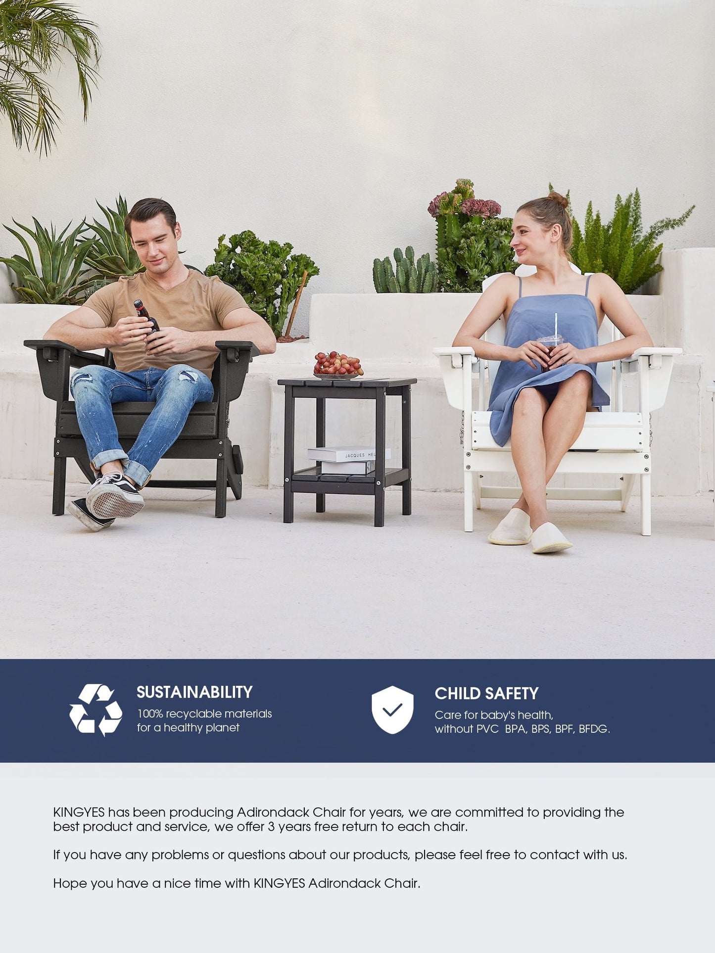 KINGYES Folding Adjustable Backrest Adirondack Chair With Cup Holder, Oversized Weather Resistant HDPE Reclining for Adults, Blue