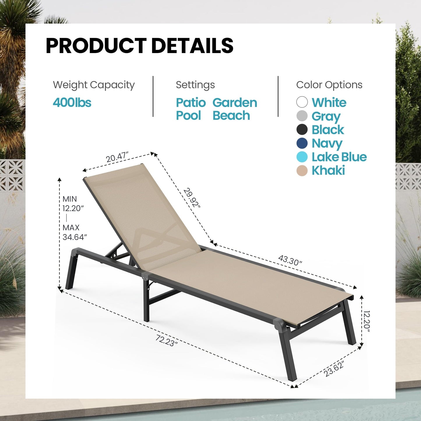 Ciokea Folding Pool Lounge Chair Outdoor 5 Adjustable Backrest Reclining Chair No Assembly Khaki