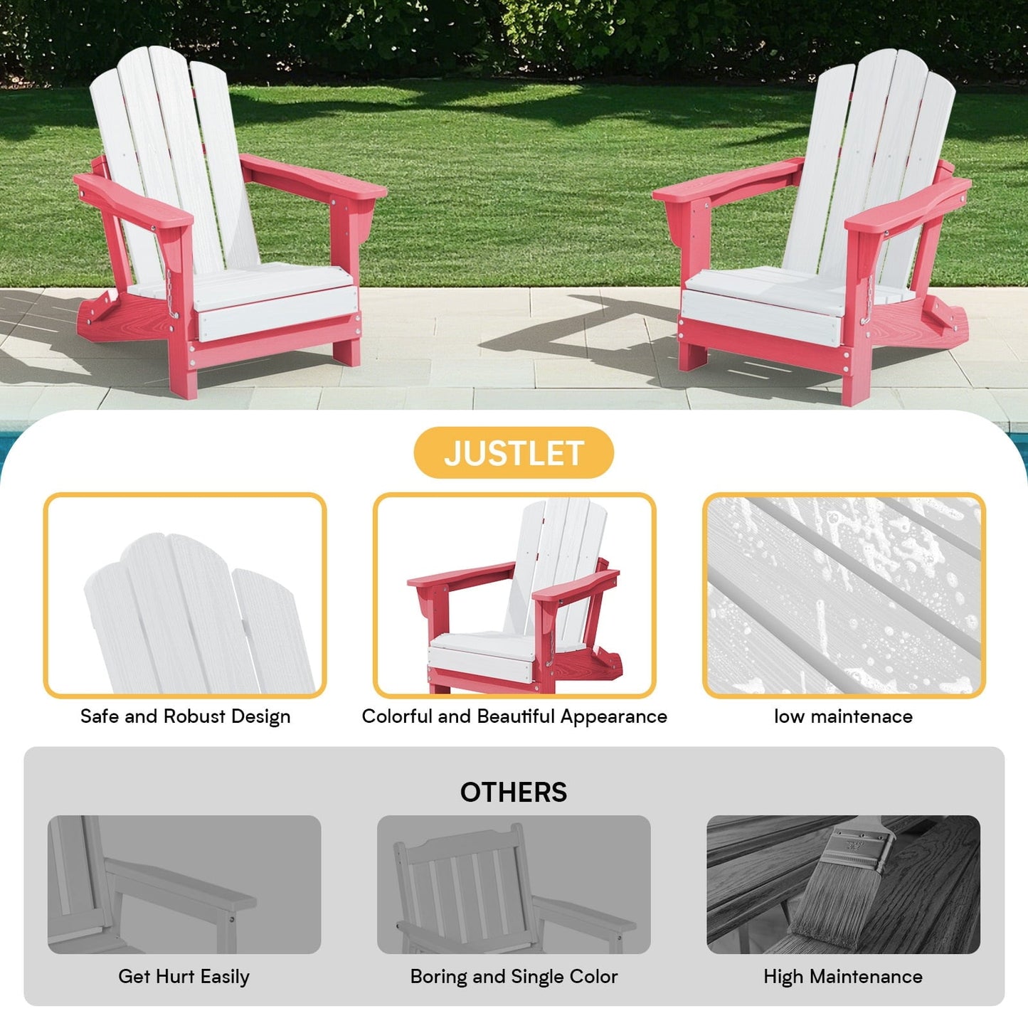 JUSTLET Kids Foldable Adirondack Chair, Lightweight HDPE Outdoor Chair, Weather-Resistant, Portable,Pink and White