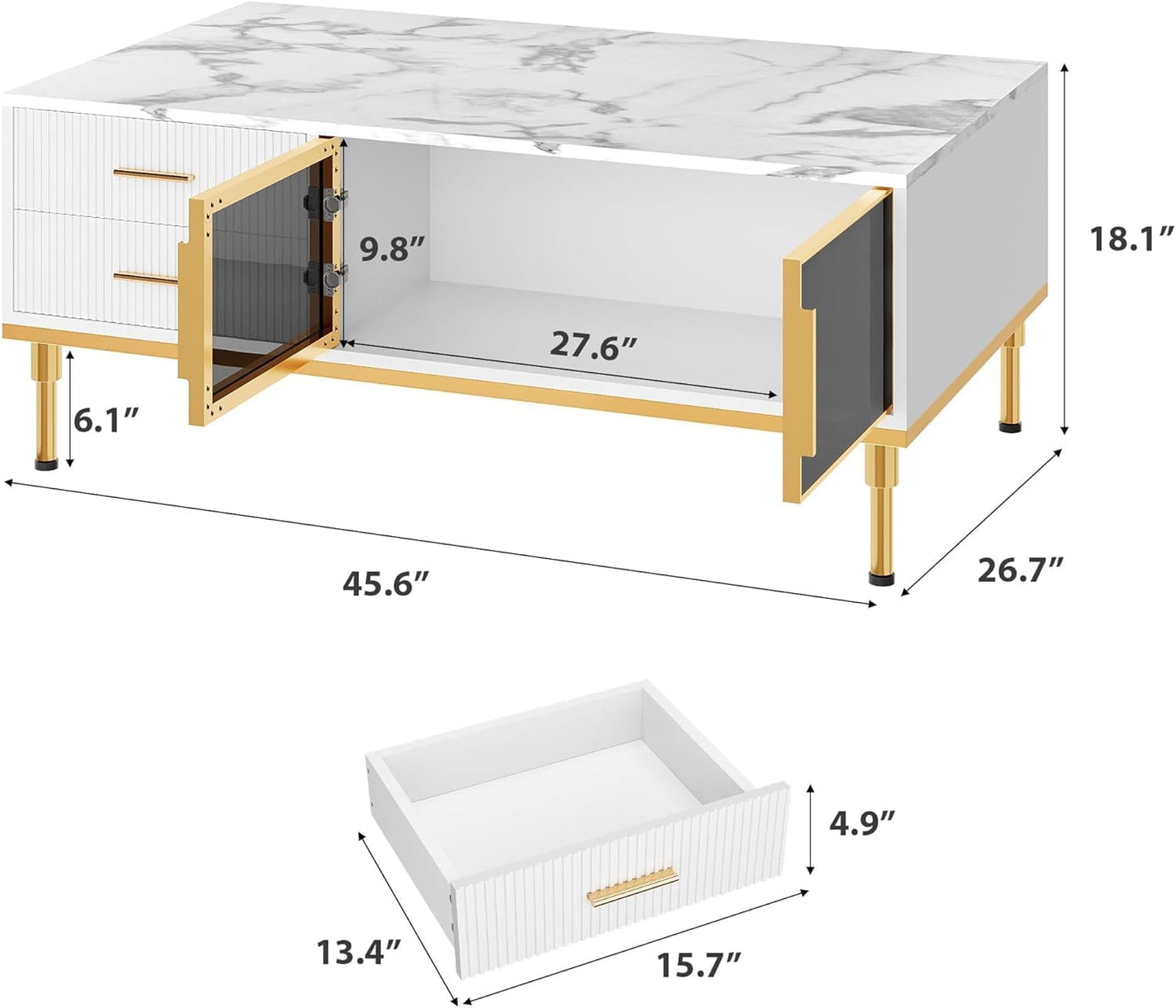 Coffee Table, Modern Coffee Table for Living Room with 4 Drawers, Glass-Front Cabinets, Faux Marble Fluted Panel Design, Stylish Storage Solution
