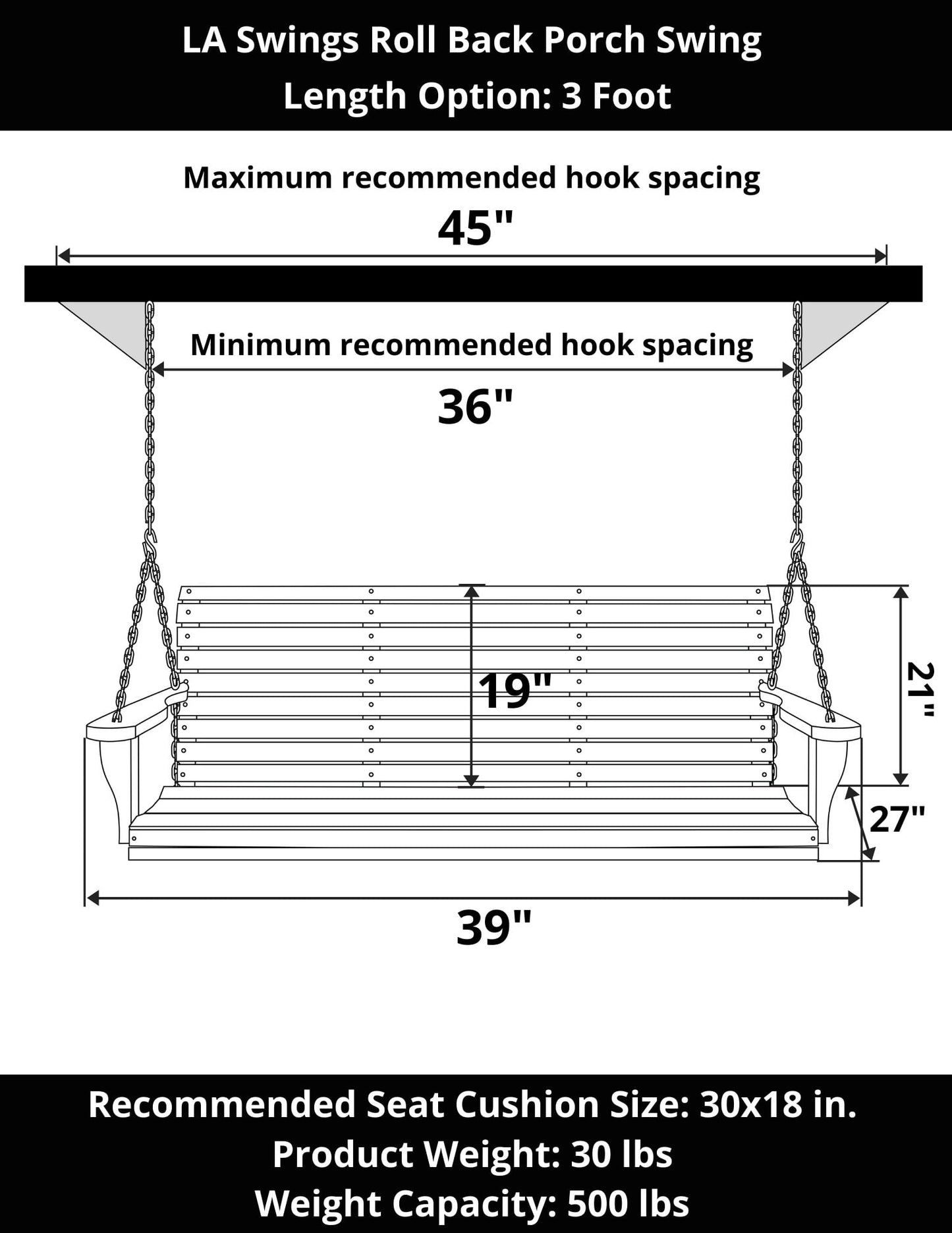 LA Swings Cypress Roll Back Porch Swing, 5 Foot, Unfinished