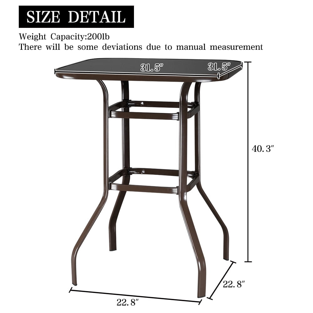 Commercial Grade Wrought Iron Bar Table 40" Height - 5mm Tempered Glass Top Patio Counter Table with Double Ring Frame, Matte Brown, 200lb Capacity