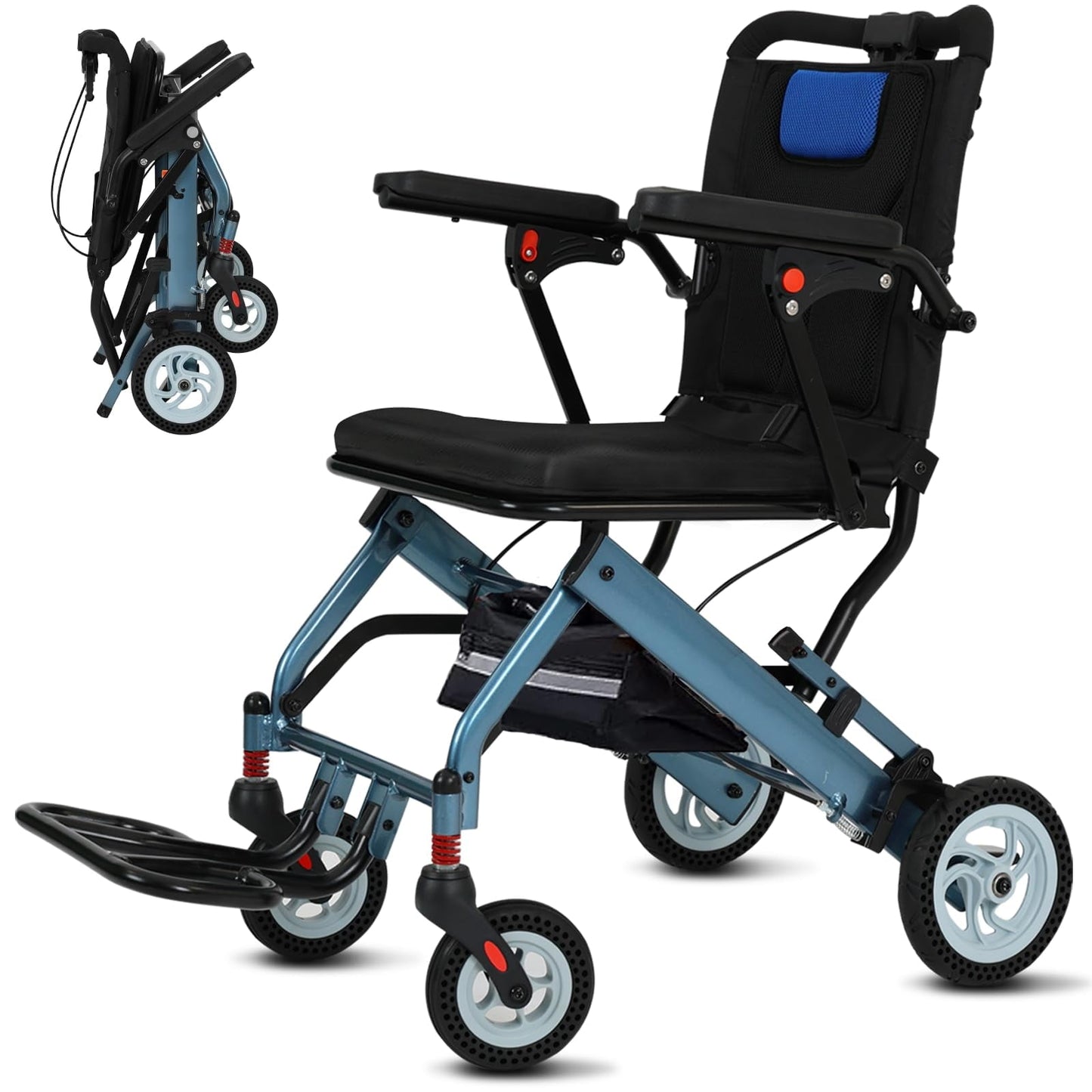 20lbs Ultra-Lightweight Foldable Wheelchair for Adults & Seniors, 220lbs Capacity, 8" Honeycomb Tires & Detachable Cushion for Travel, Hospital, Home (Blue)