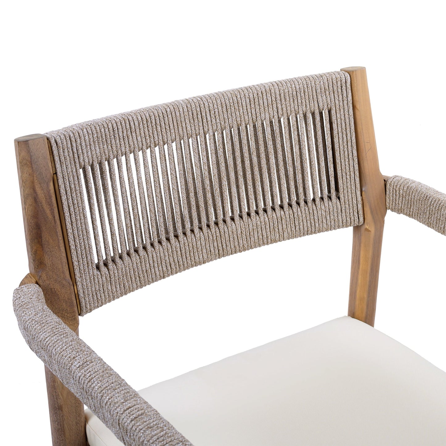 Christopher Knight Home Wood Outdoor Dining Chair with Cushion, Woven Rope Design, Teak+Cream, Set of 2