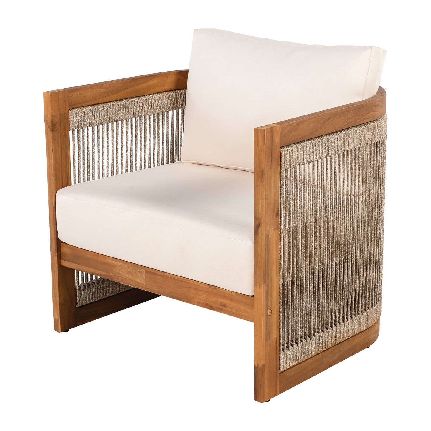 Christopher Knight Home Outdoor Wood Lounge Chair with Woven Rope Accents, Beige Cushion
