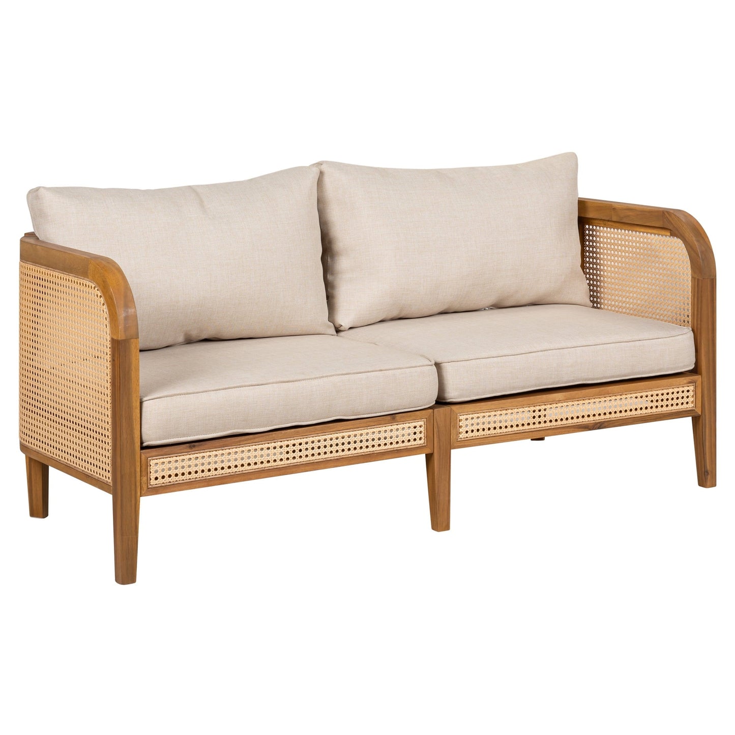 Christopher Knight Home Outdoor Wicker Sofa, Acacia Wood Frame with Cushions, Boho Patio Loveseat, Teak + Beige