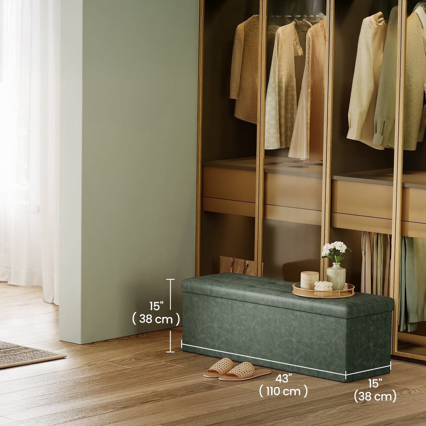 LEDREM 43" Foldable Storage Ottoman Bench, 660lb Capacity, Multifunctional Footrest Stool, Quick Assembly, Synthetic Leather, Forest Green