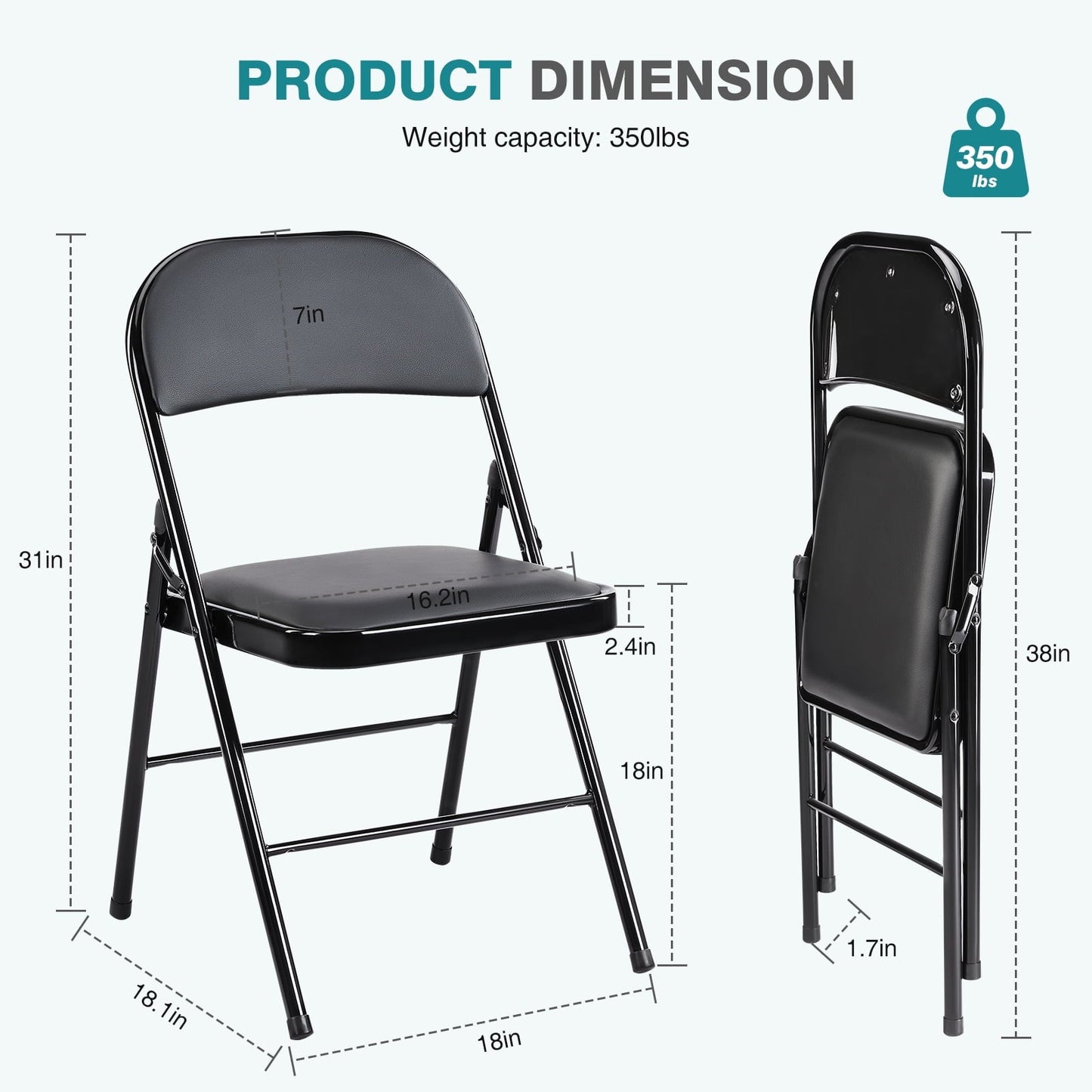 JOINSUN 2 Pack Folding Chairs – Portable, Space-Saving, Sturdy Steel Frame with Comfortable Padded Seat for Indoor/Outdoor Use, Black