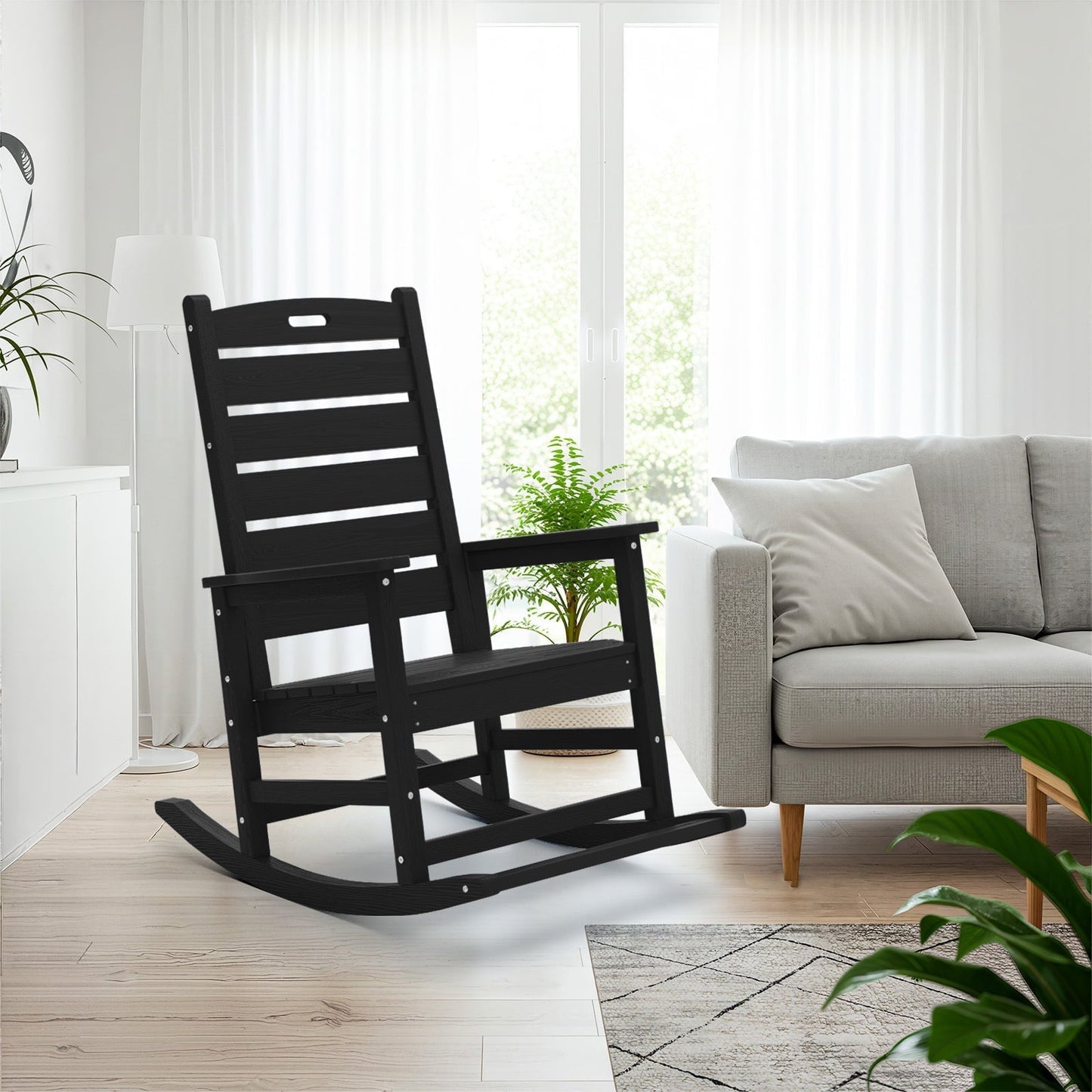 JUSTLET Outdoor Rocking Chair with Footrest, High Back HDPE Oversized Adirondack Slat Rocker for Patio,Garden,Lawn,Balcony, Black