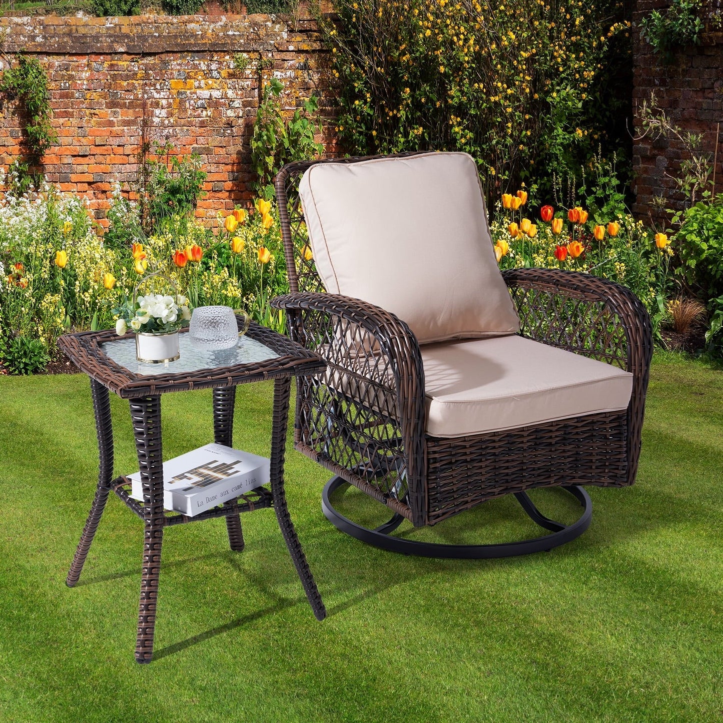 Buytoshop Outdoor Wicker Side Table, Rattan End Table with Glass Top, Patio Coffee Bistro Table for Garden Porch Balcony, Brown