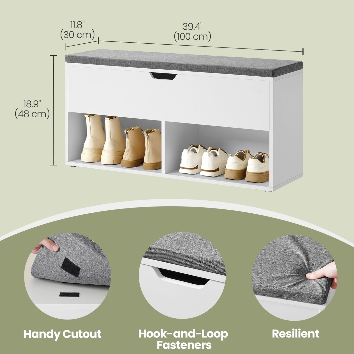 LEDREM Shoe Bench with Cushion, 300lb Capacity Storage Bench with 3 Compartments, White and Gray
