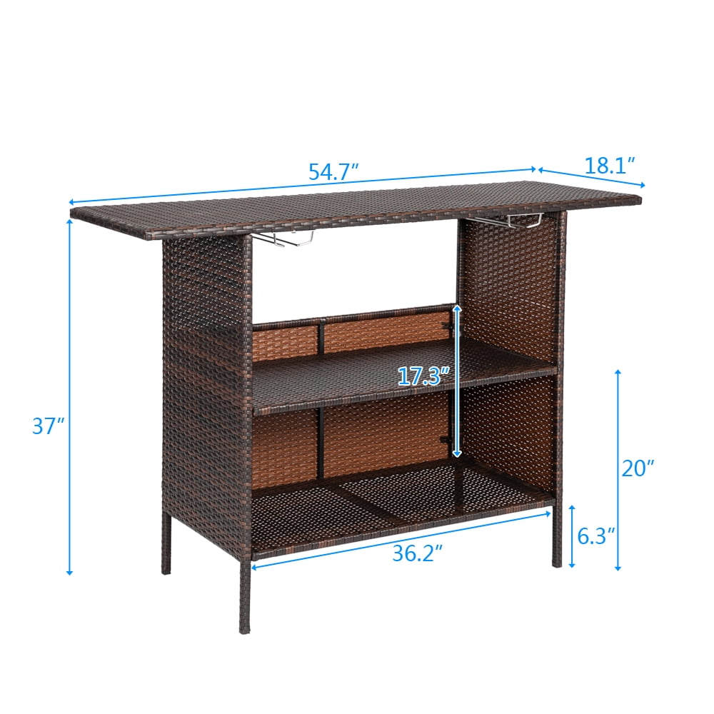HiiKaa Patio Wicker Bar Table,Outdoor Rattan Counter Table with Steel Storage Shelves & Wine Rack for Party,Picnic,Poolside and Backyard,Brown