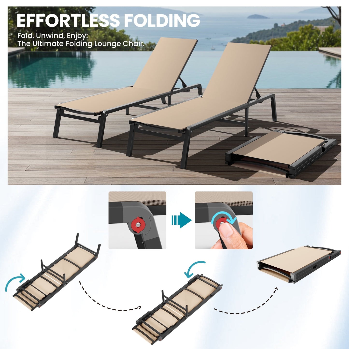 Ciokea Folding Pool Lounge Chair Outdoor 5 Adjustable Backrest Reclining Chair No Assembly Khaki