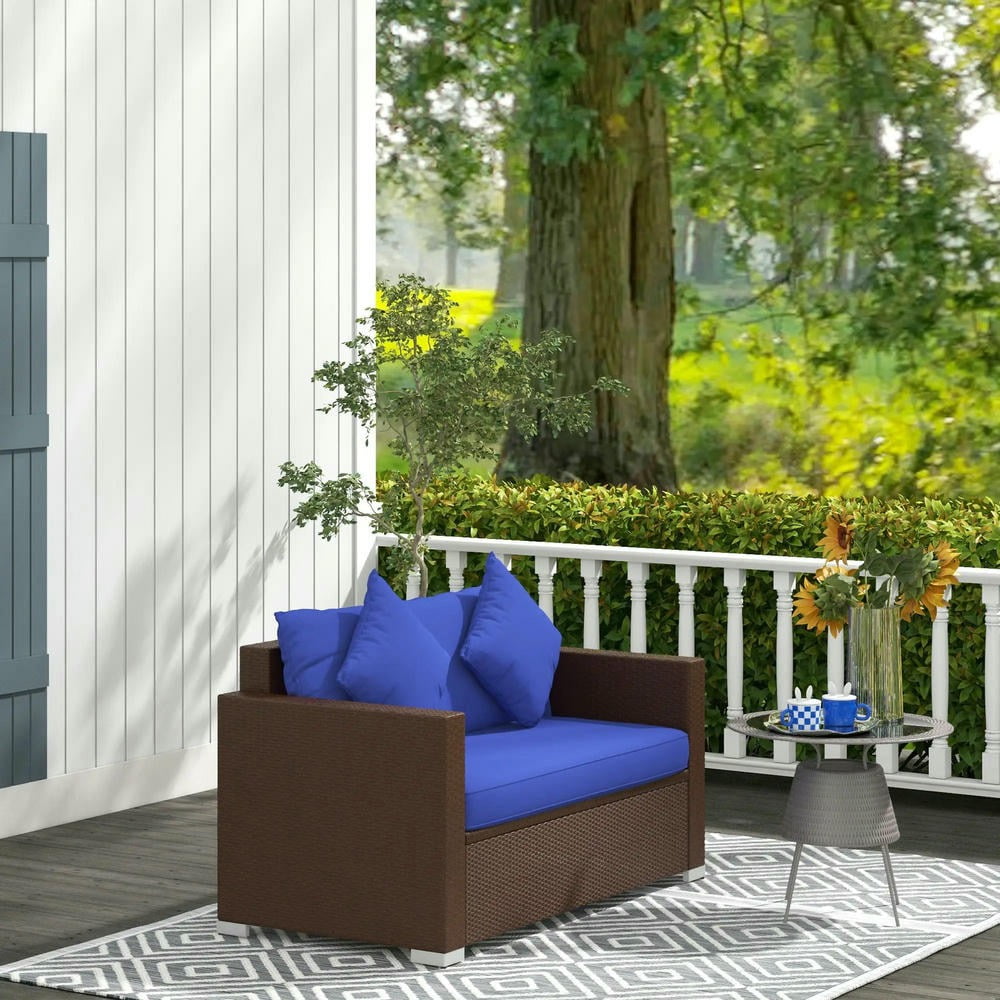 GVN Outdoor Couch Patio Sofa,Wicker Loveseat, Patio Furniture Couch with Cushions, 2 Seat PE Rattan Sofa, 2 Throw Pillows, Blue