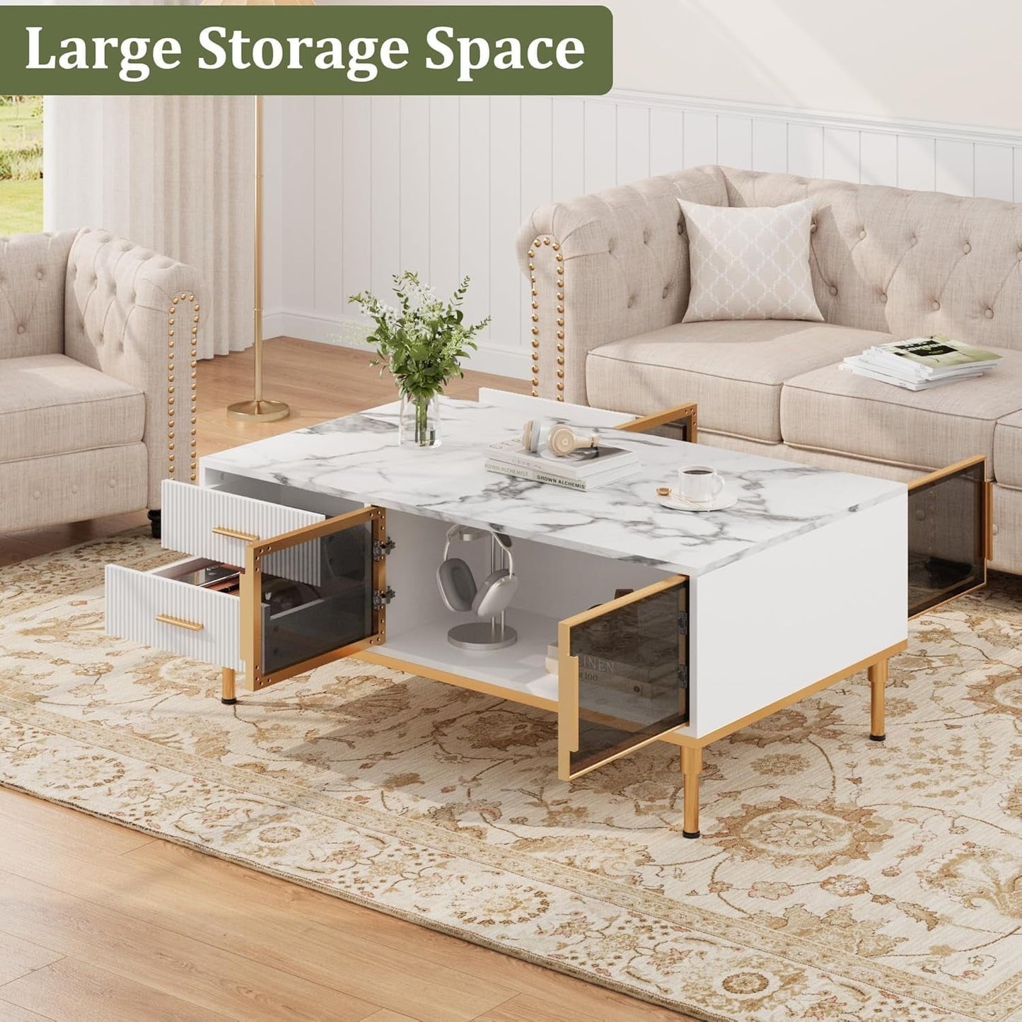 Coffee Table, Modern Coffee Table for Living Room with 4 Drawers, Glass-Front Cabinets, Faux Marble Fluted Panel Design, Stylish Storage Solution