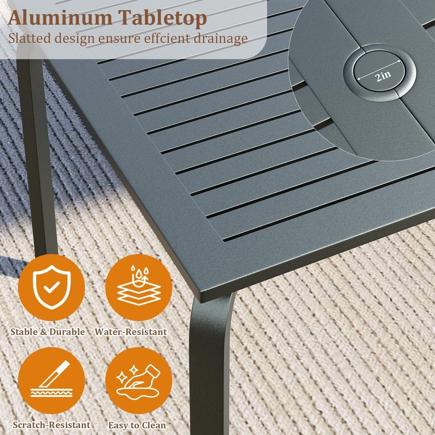 71" x 35" Outdoor Dining Table - 8-Person Aluminum Patio Table with Slatted Top & Umbrella Hole,All-Weather Black for Backyard/Garden/Lawn