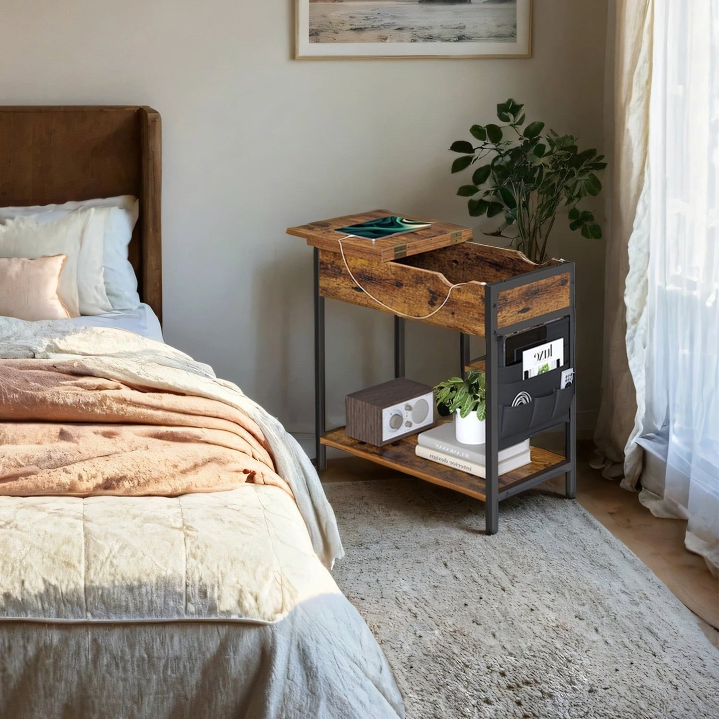 LEDREM 2pcs Side Tables with Storage, Nightstands End Tables for Small Spaces, Rustic Brown