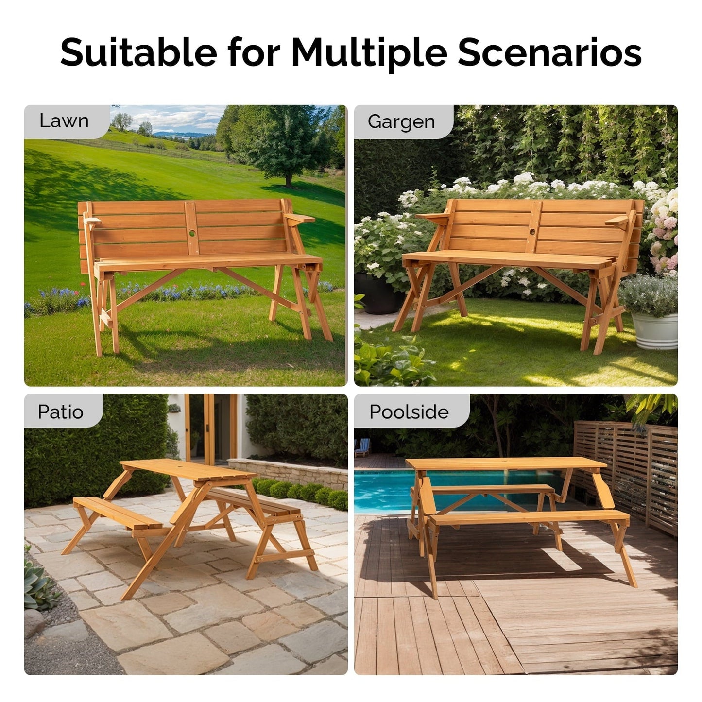 Ktaxon 2-in-1 Outdoor Interchangeable Wooden Picnic Table Set, Transforming Bench w/Umbrella Hole, Convertible Patio Bench for Backyard Porch Deck, Teak