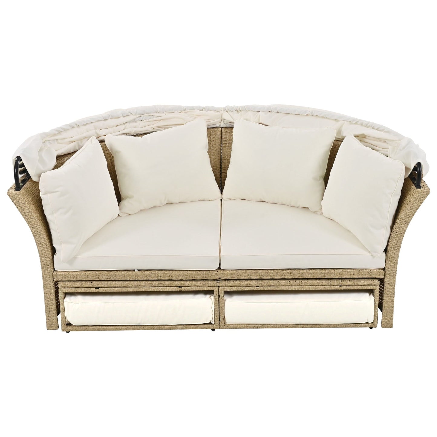 Convertible Outdoor Patio Daybed with Retractable Canopy and Cushions, Rattan Wicker Loveseat Sofa